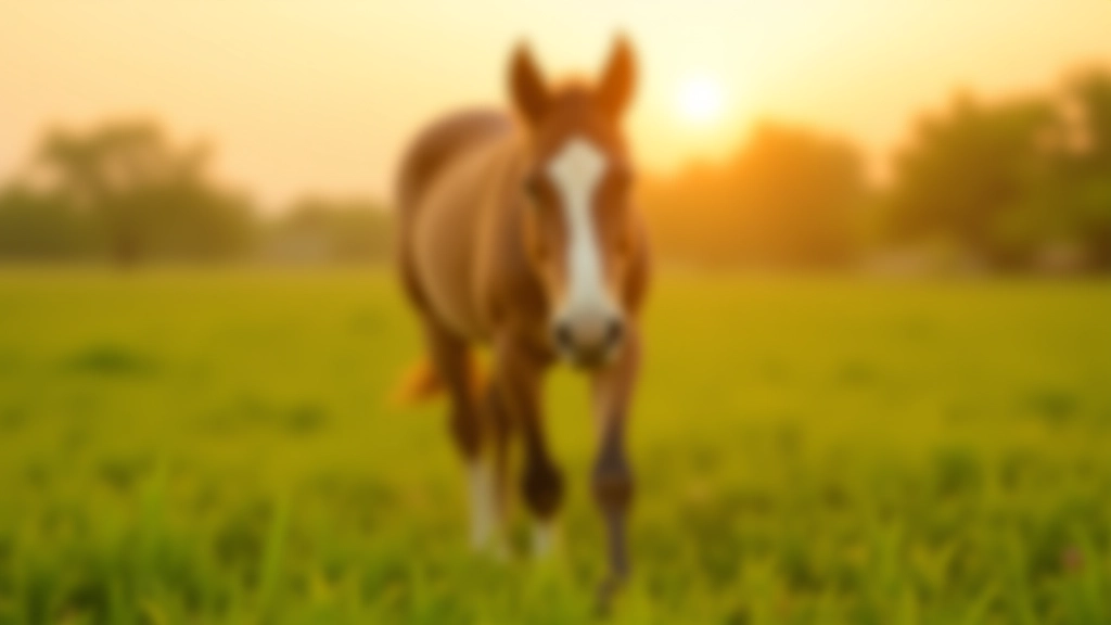 خيل صغير في حقل أخضر مع شروق الشمس